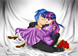 Size: 1535x1115 | Tagged: safe, artist:nancysauria, character:flash sentry, character:twilight sparkle, ship:flashlight, my little pony:equestria girls, alternate hairstyle, bishie sentry, clothing, dress, eyes closed, female, flower, humanized, kissing, light skin, male, shipping, smiling, straight