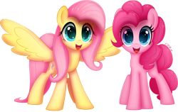 Size: 1182x745 | Tagged: safe, artist:ctb-36, character:fluttershy, character:pinkie pie, species:earth pony, species:pegasus, species:pony, g4, cute, diapinkes, female, looking at you, mare, open mouth, open smile, shyabetes, signature, simple background, smiling, smiling at you, spread wings, transparent background, wings