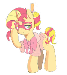 Size: 850x949 | Tagged: safe, artist:ende26, character:sunset shimmer, species:pony, species:unicorn, adorkable, alternate hairstyle, clothing, cute, dork, glasses, looking at you, ruler, solo