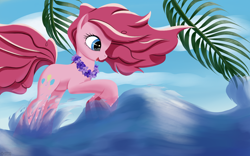 Size: 3840x2400 | Tagged: safe, artist:roadsleadme, character:pinkie pie, species:earth pony, species:pony, cute, featured on derpibooru, flower, high res, lei, open mouth, palm leaf, smiling, solo, splashing, water