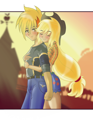 Size: 1536x2048 | Tagged: safe, artist:ruhisu, character:applejack, oc, oc:brave wing, species:human, blushing, canon x oc, clothing, couple, daisy dukes, eyes closed, female, hug, hug from behind, humanized, jeans, looking at you, love, male, manga, midriff, shipping, smiling, straight, sweet apple acres