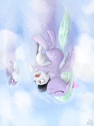 Size: 1500x2000 | Tagged: safe, artist:mlpanon, character:cloudchaser, character:flitter, character:rumble, ship:flitterumble, cloud, cloudy, cute, dancing, eyes closed, female, flying, hug, male, open mouth, scared, shipping, spread wings, straight, upside down, wide eyes, wings