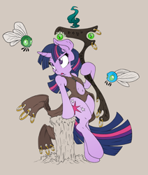 Size: 1273x1500 | Tagged: safe, artist:dfectivedvice, artist:shawnyall, character:twilight sparkle, species:pony, belly button, bipedal, clothing, colored, fantasy class, open clothes, parasprite, semi-anthro, simple background, staff, window