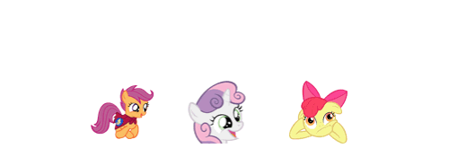 Size: 500x175 | Tagged: safe, artist:theelinker, character:apple bloom, character:scootaloo, character:sweetie belle, species:changeling, species:pegasus, species:pony, animated, cutie mark, cutie mark crusaders, emote story, emotes, friendship, ponymotes, secret, shapeshifting