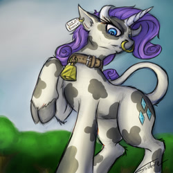 Size: 950x950 | Tagged: safe, artist:foldeath, character:rarity, species:cow, species:pony, species:unicorn, bell, bell collar, collar, cow pony, cowbell, digital art, ear tag, female, mare, nose piercing, nose ring, piercing, raised hoof, raricow, solo, species swap
