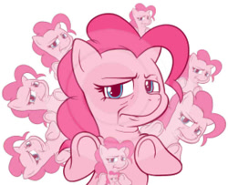 Size: 600x488 | Tagged: safe, artist:gatodelfuturo, character:pinkie pie, species:earth pony, species:pony, disgusted, female, mare, multeity, needs more jpeg, solo, too much pink energy is dangerous, underhoof, wat