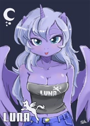 Size: 600x840 | Tagged: safe, artist:shepherd0821, character:princess luna, species:alicorn, species:anthro, species:pony, g4, ambiguous facial structure, belly button, blushing, breasts, busty princess luna, cleavage, female, midriff, pun, s1 luna, tongue out