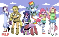 Size: 1000x620 | Tagged: safe, artist:shepherd0821, character:applejack, character:fluttershy, character:pinkie pie, character:rainbow dash, character:rarity, character:spike, character:twilight sparkle, species:anthro, species:dragon, species:unguligrade anthro, abuse, ambiguous facial structure, ballgag, belly button, big breasts, breasts, busty applejack, busty fluttershy, clothing, dress, female, gag, line-up, mane seven, mane six, midriff, skirt, sleeveless turtleneck, spikeabuse, sweater, sweater vest, sweatershy