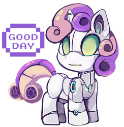 Size: 785x803 | Tagged: safe, artist:ende26, character:sweetie belle, species:pony, species:unicorn, sweetie bot, blank flank, dialogue, female, filly, foal, hooves, horn, robot, simple background, solo, text, white background