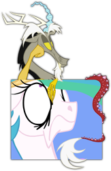 Size: 663x1014 | Tagged: safe, artist:grievousfan, character:discord, character:princess celestia, celestia is not amused, discord being discord, fourth wall, varying degrees of amusement