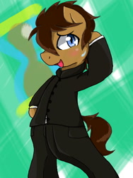 Size: 480x640 | Tagged: safe, artist:azurepicker, character:doctor whooves, character:time turner, species:earth pony, species:pony, bipedal, clothing, pixiv, school uniform, solo
