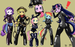 Size: 1000x620 | Tagged: safe, artist:shepherd0821, edit, character:applejack, character:fluttershy, character:pinkie pie, character:rainbow dash, character:rarity, character:twilight sparkle, species:anthro, species:unguligrade anthro, ambiguous facial structure, big breasts, breasts, bunny ears, busty applejack, busty fluttershy, catsuit, clothing, dangerous mission outfit, exclamation point, female, goggles, lasso, latex, latex suit, line-up, looking at you, mane six, ninja, sash, simple background, skintight clothes, thigh highs