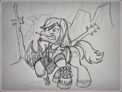 Size: 2048x1536 | Tagged: safe, artist:ruhisu, species:earth pony, species:pony, axe, brutal legend, chains, cigarette, eddie riggs, electric guitar, epic, guitar, heavy metal, jack black, male, monochrome, monuments, ponified, sketch, solo, stallion, sword