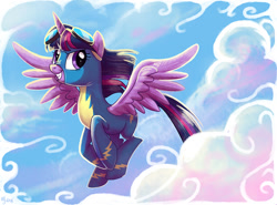 Size: 900x665 | Tagged: safe, artist:yulyeen, character:twilight sparkle, character:twilight sparkle (alicorn), species:alicorn, species:pony, g4, cloud, cloudy, female, flying, grin, looking at you, mare, signature, smiling, solo, spread wings, three quarter view, wings, wonderbolts, wonderbolts uniform