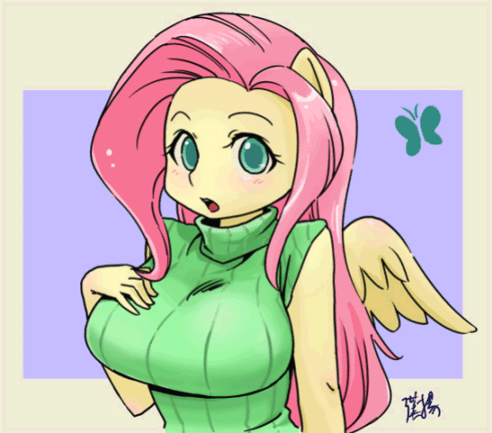 Size: 545x480 | Tagged: safe, artist:shepherd0821, character:fluttershy, species:anthro, species:pegasus, species:pony, 3d, ambiguous facial structure, animated, big breasts, blushing, breasts, busty fluttershy, butterfly, clothing, female, gif, looking at you, pony ears, sleeveless turtleneck, solo, sweatershy, wigglepic, wings