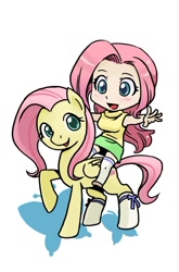 Size: 526x799 | Tagged: safe, artist:shepherd0821, character:fluttershy, species:human, species:pegasus, species:pony, g4, breasts, chibi, clothing, female, human ponidox, humanized, humans riding ponies, mare, self ponidox, skirt, sleeveless turtleneck, socks, sweatershy, wings