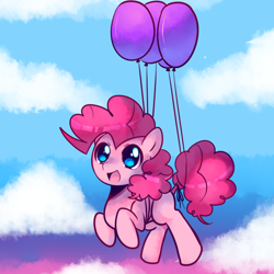 Size: 800x800 | Tagged: safe, artist:pekou, character:pinkie pie, balloon, cloud, cloudy, cute, diapinkes, flying, solo, then watch her balloons lift her up to the sky