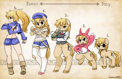 Size: 1600x1035 | Tagged: safe, artist:shepherd0821, oc, oc only, species:anthro, species:human, species:pony, species:unguligrade anthro, alcohol, anthro chart, anthro with ponies, bipedal, boots, clothing, drinking, final fight, hat, humanized, jacket, kneesocks, lucia morgan, midriff, ponytail, semi-anthro
