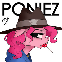 Size: 2000x2000 | Tagged: safe, artist:inkypsycho, character:pinkie pie, episode:testing testing 1-2-3, g4, my little pony: friendship is magic, clothing, floppy ears, gorillaz, hat, lollipop, looking at you, mouth hold, ponified, ponified album cover, portrait, profile, rapper, rapper pie, solo