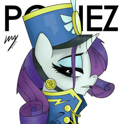 Size: 2000x2000 | Tagged: safe, artist:inkypsycho, character:rarity, species:pony, species:unicorn, episode:testing testing 1-2-3, g4, my little pony: friendship is magic, ancient wonderbolts uniform, clothing, female, gorillaz, hat, looking at you, looking back, mare, ponified album cover, portrait, profile, sgt. rarity, shako, simple background, solo, uniform, white background