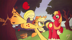 Size: 3840x2160 | Tagged: safe, artist:inkypsycho, character:applejack, character:big mcintosh, species:earth pony, species:pony, apple, apple orchard, bucking, destruction, male, orchard, stallion, talking, tree, working