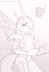 Size: 1483x2197 | Tagged: safe, artist:antiander, character:scootaloo, species:anthro, species:pegasus, species:pony, android, crossover, female, gynoid, monochrome, portal (valve), robot, scootabot, solo, wip
