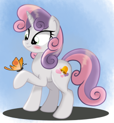 Size: 1276x1383 | Tagged: safe, artist:ruhisu, character:sweetie belle, harmony-verse, alternate universe, blushing, butterfly, older, smiling, solo