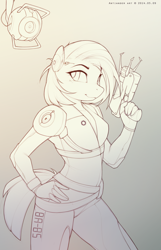 Size: 1587x2466 | Tagged: safe, artist:antiander, character:babs seed, species:anthro, android, bot seed, crossover, female, gun, gynoid, monochrome, no trigger discipline, personality core, pistol, portal (valve), robot, solo, wip