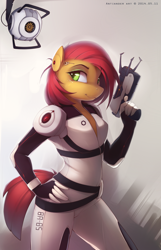 Size: 1587x2466 | Tagged: safe, artist:antiander, character:babs seed, species:anthro, android, babs bot, crossover, female, gun, hand on hip, no trigger discipline, personality core, portal (valve), solo, space core
