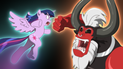 Size: 1920x1080 | Tagged: safe, artist:deannart, character:lord tirek, character:twilight sparkle, character:twilight sparkle (alicorn), species:alicorn, episode:twilight's kingdom, g4, my little pony: friendship is magic, aura, fight, flying, glare, metal, metal as fuck, open mouth, punch, semi-anthro, spread wings, super saiyan princess, twilight vs tirek, wallpaper, wide eyes, wings