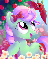 Size: 1300x1600 | Tagged: safe, artist:yulyeen, character:florina tart, species:earth pony, species:pony, apple, apple family member, bow, female, flower, flower blossom, fruit bat, hair bow, happy, hoof on chest, looking up, mare, open mouth, solo