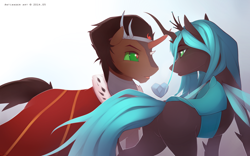 Size: 2000x1244 | Tagged: safe, artist:antiander, character:king sombra, character:queen chrysalis, ship:chrysombra, bugbutt, crystal heart, eye contact, female, male, shipping, straight