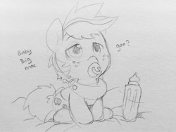 Size: 640x480 | Tagged: safe, artist:ende26, character:big mcintosh, species:earth pony, species:pony, baby, baby bottle, baby pony, bottle, colt, colt big macintosh, diaper, foal, male, monochrome, pacifier, sketch, solo, stallion, traditional art, younger