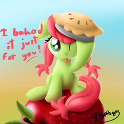 Size: 900x900 | Tagged: safe, artist:bugplayer, character:peachy sweet, species:earth pony, species:pony, apple, apple family member, bugplayer is trying to murder us, cute, female, floppy ears, mare, pie, sitting, solo, tongue out, wink