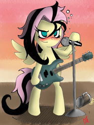 Size: 900x1188 | Tagged: dead source, safe, artist:gatodelfuturo, character:fluttershy, species:pegasus, species:pony, alternate hairstyle, bipedal, drunk, drunkershy, electric guitar, emoshy, female, guitar, mare, microphone, solo, stage