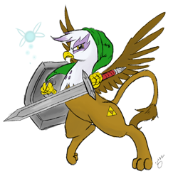 Size: 1128x1118 | Tagged: safe, artist:silver1kunai, character:gilda, species:griffon, badass, colored, cosplay, fairy, link, navi, redraw, shield, solo, sword, the legend of zelda, triforce