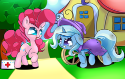 Size: 1024x652 | Tagged: safe, artist:madacon, character:pinkie pie, character:trixie, first aid kit, injured, this will end in pain, trixie's wagon