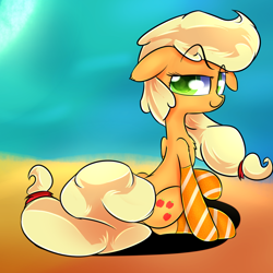 Size: 1024x1024 | Tagged: safe, artist:madacon, character:applejack, chest fluff, clothing, human shoulders, sitting, socks, solo, striped socks
