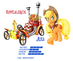 Size: 1929x1614 | Tagged: safe, artist:blue-paint-sea, character:applejack, clothing, crossed hooves, kart stats, mario kart, parody, ponykart, scarf, simple background, solo
