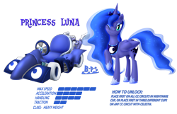 Size: 2323x1496 | Tagged: safe, artist:blue-paint-sea, character:princess luna, kart stats, mario kart, parody, ponykart