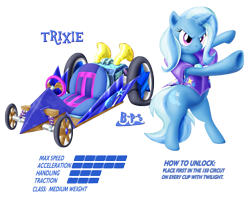 Size: 1969x1575 | Tagged: safe, artist:blue-paint-sea, character:trixie, species:pony, bipedal, clothing, crossover, go kart, go-kart, kart stats, mario kart, parody, ponykart, solo