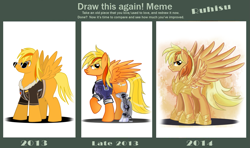Size: 1255x744 | Tagged: safe, artist:ruhisu, oc, oc only, oc:brave wing, species:pegasus, species:pony, 2013, 2014, armor, artist progress, clothing, commission, draw this again, jacket, looking at you, male, prince, profile, prosthetics, raised hoof, request, smiling, smirk, soldier, solo, spread wings, stallion, standing, sunglasses, wings