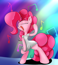 Size: 1280x1431 | Tagged: safe, artist:madacon, character:pinkie pie, species:pony, bipedal, clothing, earbuds, human shoulders, music, music player, solo, t-shirt