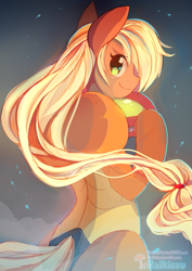 Size: 585x826 | Tagged: safe, artist:pekou, character:applejack, species:anthro, applesamus, armor, cosplay, crossover, cute, female, hatless, jackabetes, looking at you, looking back, metroid, missing accessory, nintendo, profile, samus aran, smiling, solo