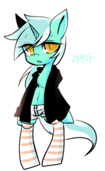 Size: 502x815 | Tagged: safe, artist:lessue, character:lyra heartstrings, species:pony, species:unicorn, belly button, bipedal, chest fluff, clothing, colored pupils, heart eyes, partial nudity, pixiv, socks, solo, striped socks, wingding eyes
