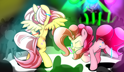 Size: 1280x750 | Tagged: safe, artist:madacon, character:dj pon-3, character:fluttershy, character:pinkie pie, character:vinyl scratch, dancing, glowstick, not so shy