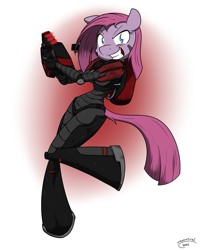 Size: 1099x1370 | Tagged: safe, artist:sandwich-anomaly, character:pinkamena diane pie, character:pinkie pie, species:anthro, species:unguligrade anthro, armor, black hand, brotherhood of nod, command and conquer, female, gun, kane's wrath, solo