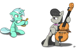Size: 2360x1506 | Tagged: safe, artist:sandwich-anomaly, character:lyra heartstrings, character:octavia melody, species:earth pony, species:pony, species:unicorn, bipedal, bow (instrument), cello, duo, female, floppy ears, glare, looking at each other, lyre, mare, musical instrument, sitting