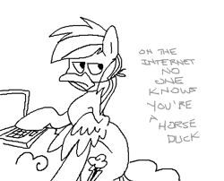 Size: 714x577 | Tagged: safe, artist:shinypikachu25, character:rainbow dash, species:duck, duck bill, hilarious in hindsight, monochrome, op is a duck (reaction image), rainbow dash is a duck, rainbow duck, solo