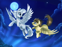 Size: 3606x2734 | Tagged: safe, artist:pridark, oc, oc only, oc:star, oc:summer rays, species:pegasus, species:pony, cloud, duo, female, flying, full moon, looking at each other, male, mare, moon, night, night sky, open mouth, signature, sky, smiling, spread wings, stallion, starry night, wings